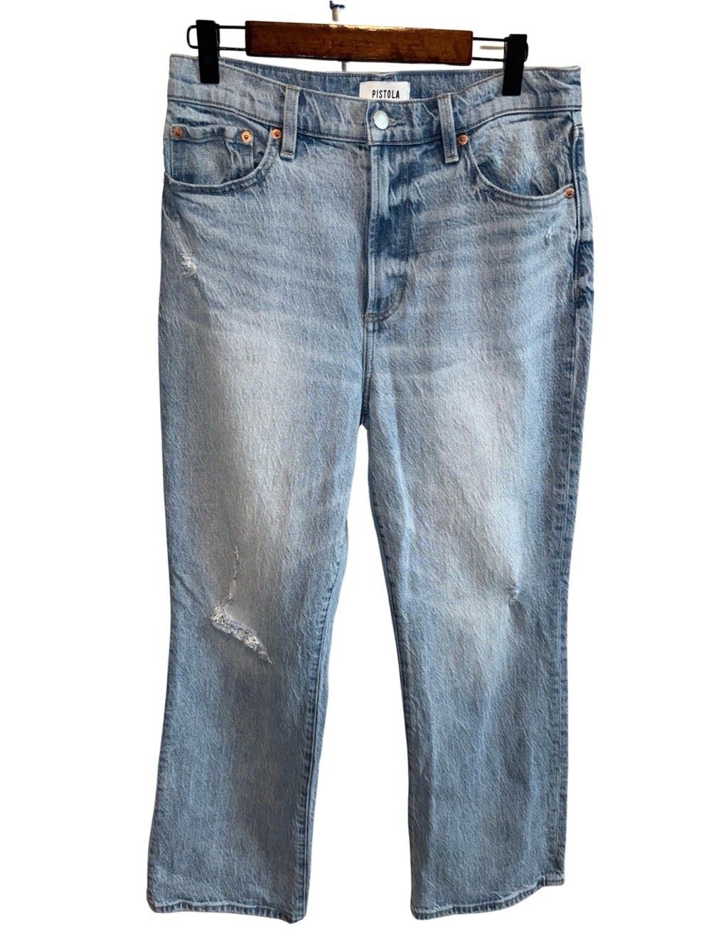 Pistola light blue distressed relaxed crop Chelsea jeans size 29